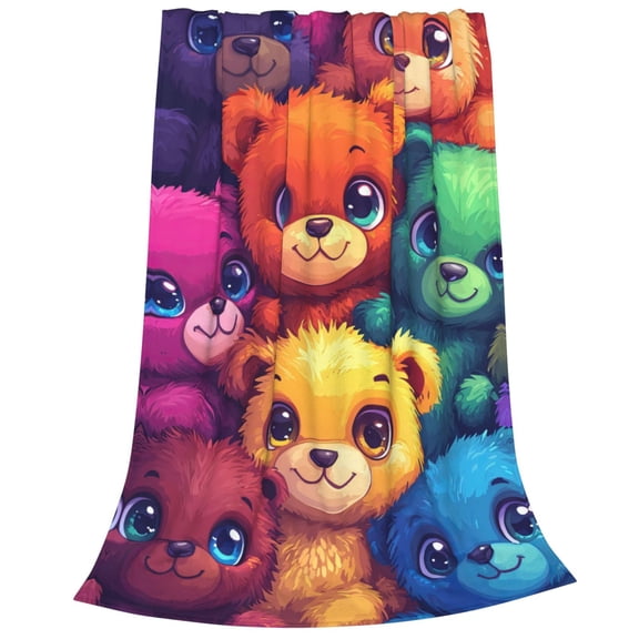 Rainbow Kawaii Bear Flannel Fleece Throw - Colorful Plush Animal Blanket for Sofa Couch, Cheerful Room Decor 50x40