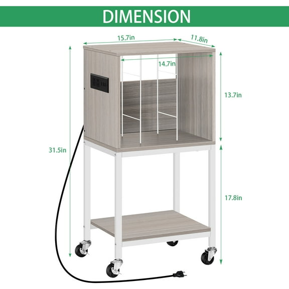 Recording Player Table with Charging Station 2-Tier Record Player Stand Turntable Holder with Recording Storage Small Vinyl Record Storage Cabinet for Living Room Bedroom Light Grey
