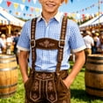 thumbnail image 2 of VeFlora Kids Oktoberfest Lederhosen Shirt, Boys Traditional Bavarian Plaid Stand Collar Long Sleeve Shirt, Lightweight Casual Top for Party and Daily Wear(Light Blue2/4-5 Years), 2 of 5