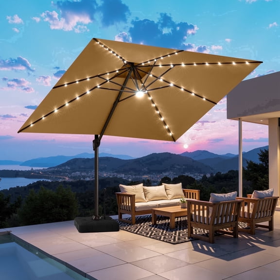 Crestlive Products Square Solar LED Cantilever Umbrella, 11FT, Includes 350lbs Umbrella base with Wheels, 360-degree Rotating, Yellow