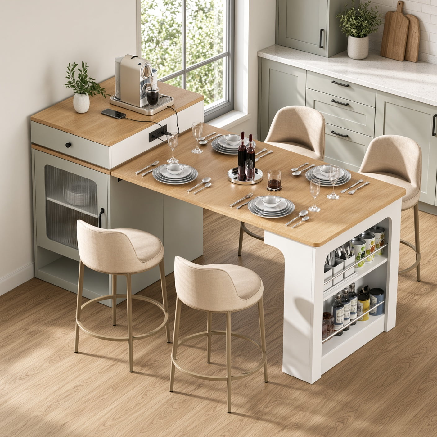 59.5 Inch Kitchen Island with Extendable Dining Table Double-Sided Storage Power Outlet and 2 Drawers White + Nature