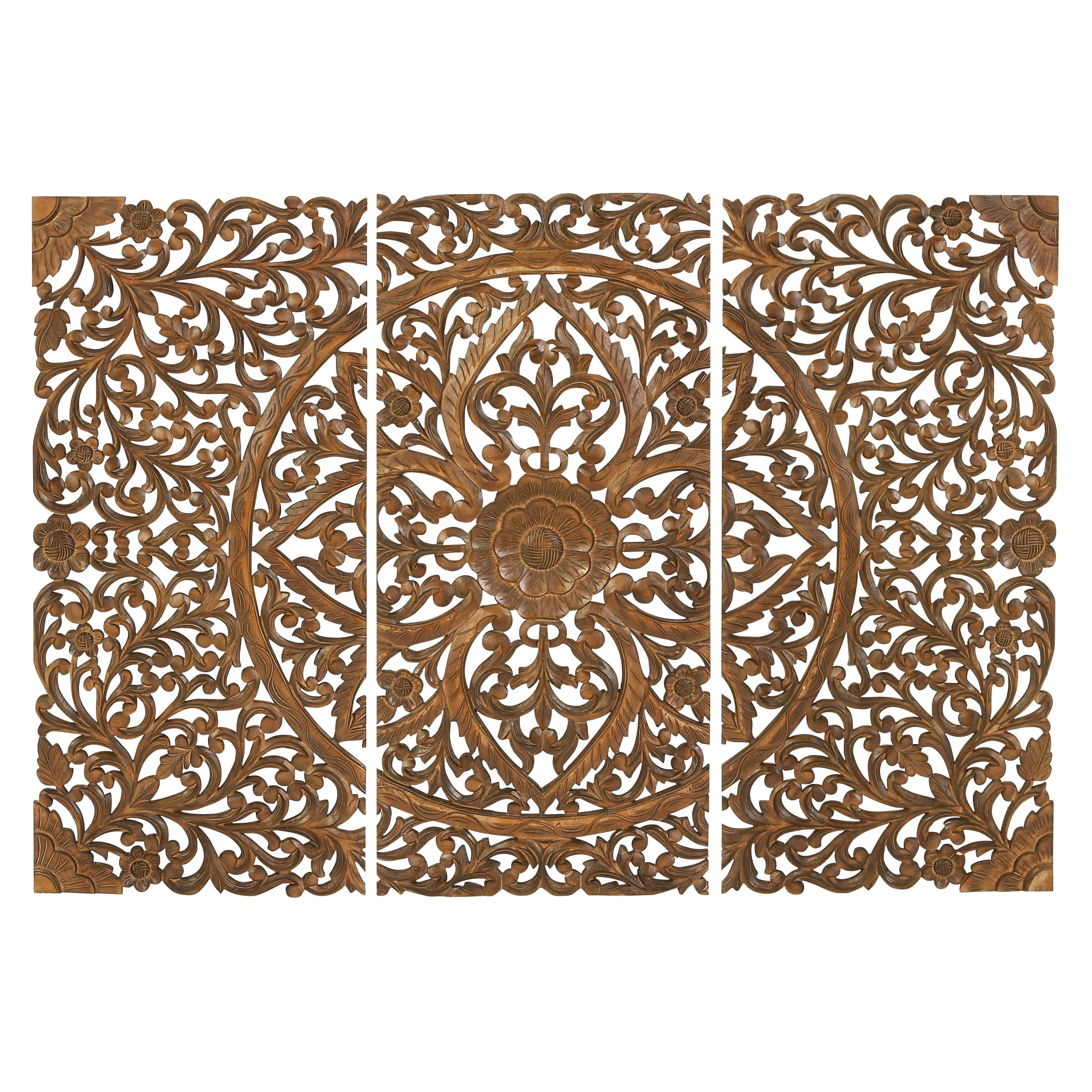 DecMode Brown Wooden Handmade Intricately Carved Floral Wall Decor (3 Count)
