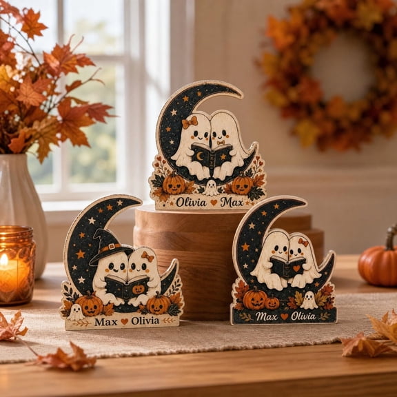 Vintage Halloween Wooden Tabletop Signs, 3-Piece Ghost and Pumpkin Tiered Tray Decor for Indoor Home Table Decoration, Holiday Displays, Events, and Gifts