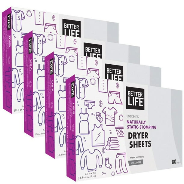 Better Life Hypoallergenic Natural Dryer Sheets, Unscented, 80 ct (4