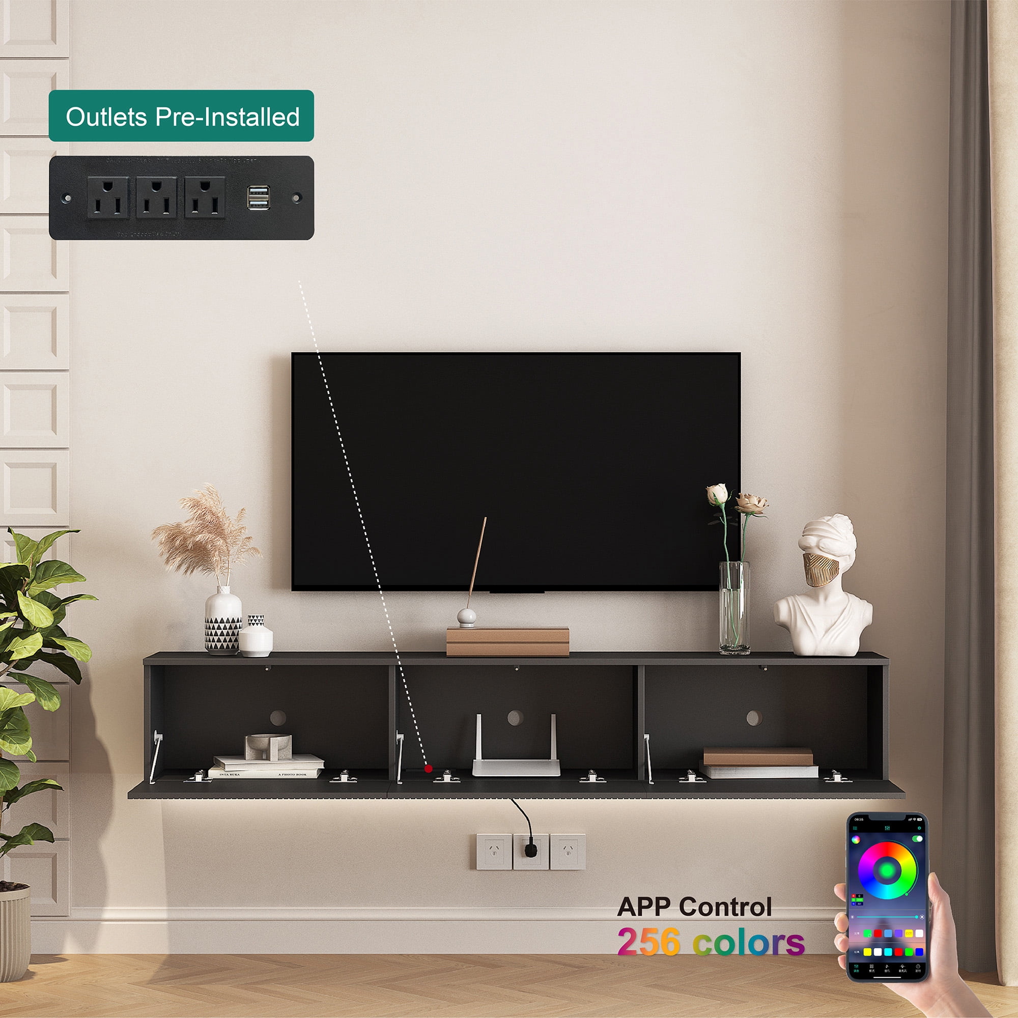 69" Black Floating Wall Mounted TV Stand with 16-Color LED Lights, Modern Entertainment Center for 55/60/65 Inch TVs