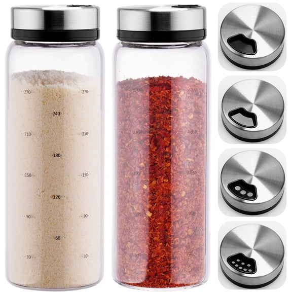 NiHome 2-Pack Spice Shakers with Adjustable Stainless-Steel Lids for Parmesan Cheese, Chili Flakes, Herbs, Salt, Pepper, 10oz Borosilicate Glass Seasoning Dispensers, Easy Refill and Dishwasher Safe