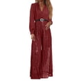 thumbnail image 6 of JULMCOMO Jumpsuits for Women Sequin Wide Leg Deep V Neck Dressy Jumpsuits Long Sleeve Belted Waist Evening One Piece Summer Rompers Wine 2XL, 6 of 6