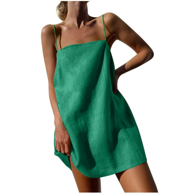 Staron Liquidation Verte Robes d'Été pour Femmes 2025 Tendance Coton Lin Robe Trapèze Mini Bretelles Spaghetti Décontractée Ample Robe Fluide Fête Plage Robe d'Été S