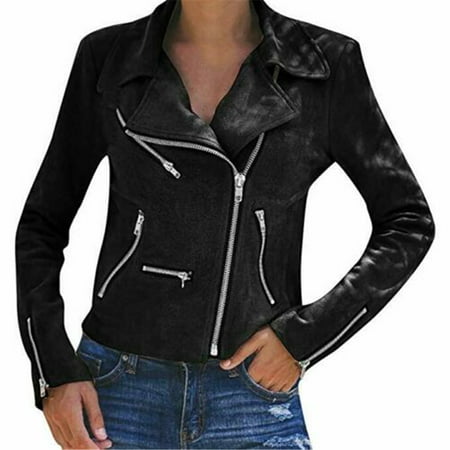 Fashion Women Summer PU Leather Jacket Coats Zip Up Biker Casual Flight Top Coat Outwear Black