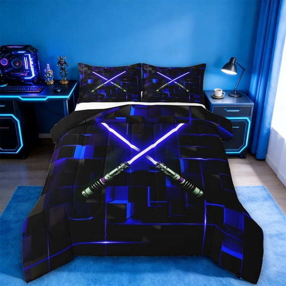 Erosebridal Blue Electric Games Bedding Sets Twin with Comforter,Neon Light Duvet Insert,Glowing Ombre Checkered Comforter Sets Twin Size For Teens,Ultra Soft Bedroom Decoration Reversible,2pcs