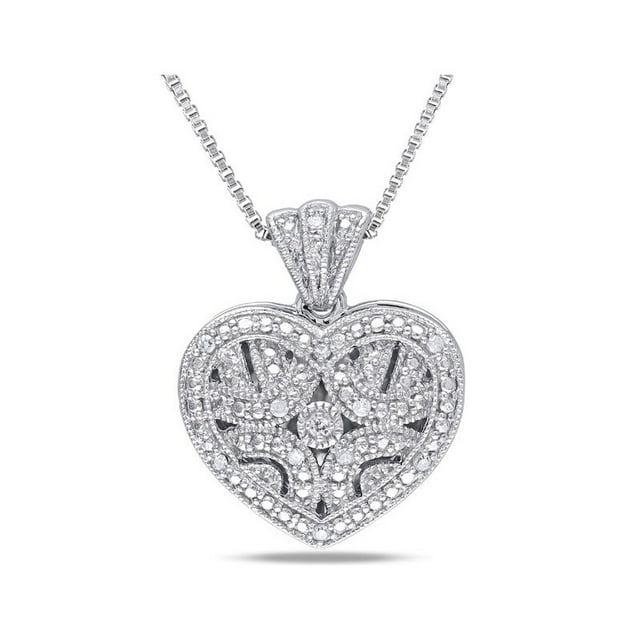 1/20 Carat (ctw) Accent Diamond Locket Heart Pendant In Sterling Silver with Chain