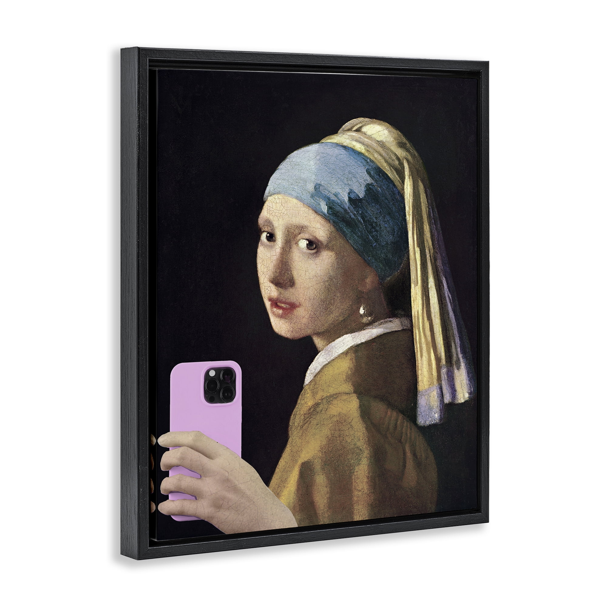 Girl With Pink Phone Funny Black Framed Floater Canvas Wall Art, design by Masters Redux