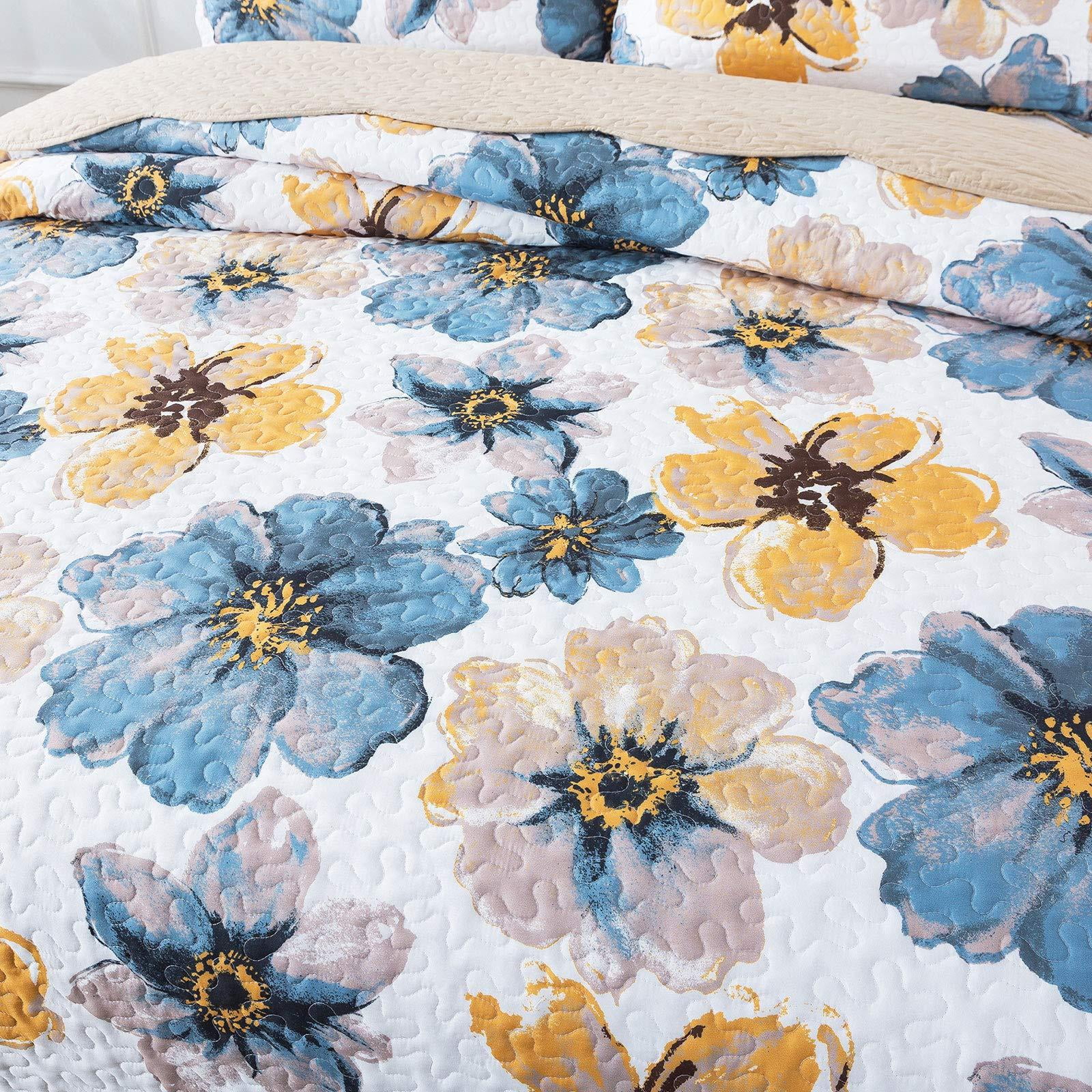 WannaToo Quilts King Size - 3 Piece Microfiber Quilt set Reversible Bedspreads Patchwork Coverlets Floral Bedding Set All Season, Blue and Glod