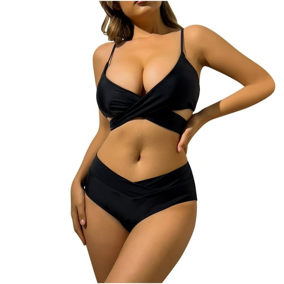 WREESH Womens High Cut Bikini Criss Cross Bathing Suit Solid Color Swimwear Two-Piece Slim Swimsuit Bikini Straped Swimsuits Black