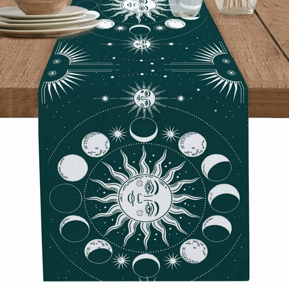 Sun and Moon Starry Night on Green Table Runner-70 Inch Long Vintage Witchy Table Runners Linen Burlap Tablerunner for Kitchen Dining Room Holiday Party