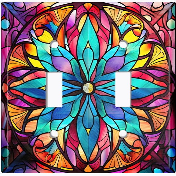 Metal Light Switch Wall Plate Outlet Cover (Printed Image of Vibant Stained Glass Flower - Double Toggle)