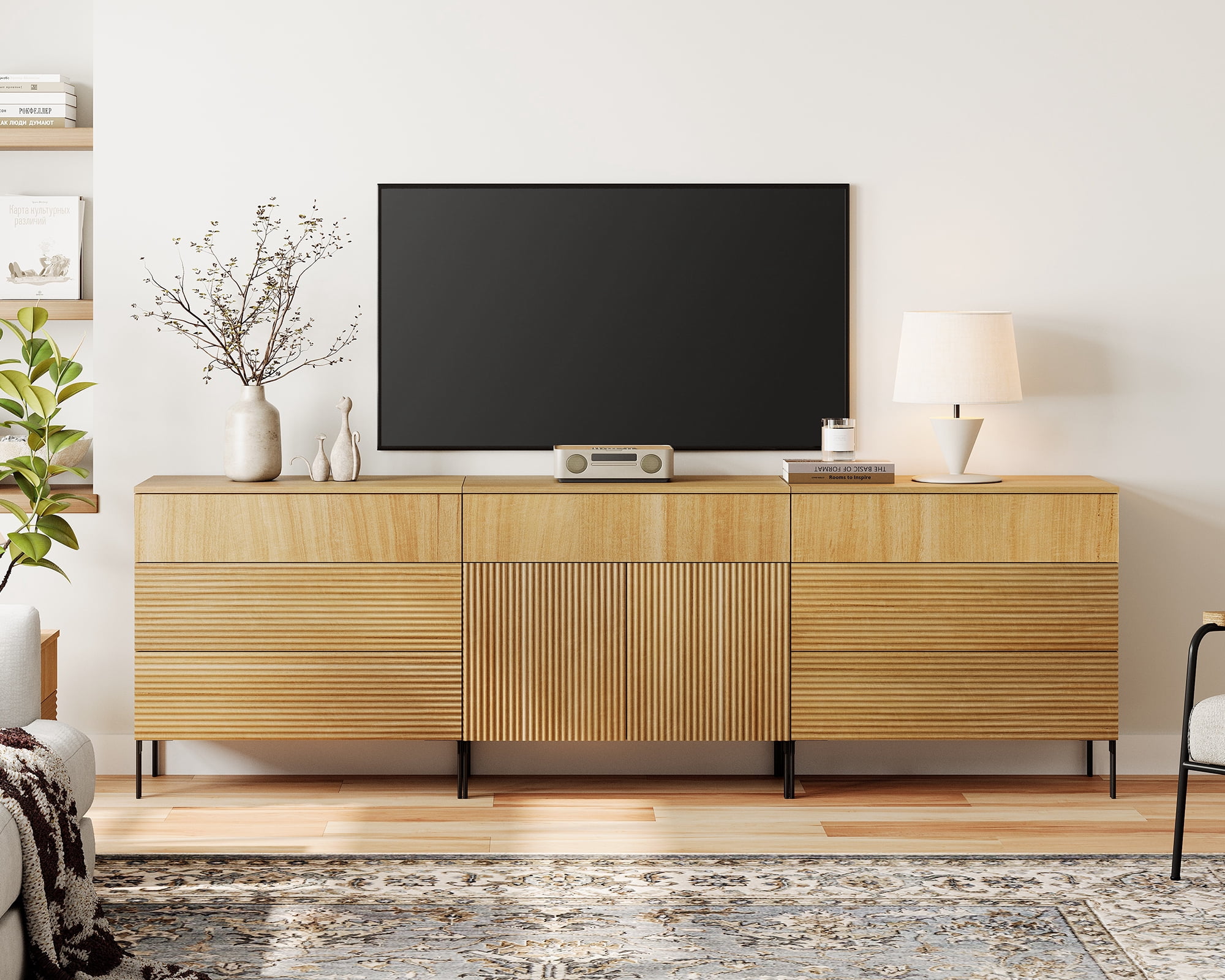 Modern Reeded Dresser TV Stand for TVs up to 100 Inch, Entertainment Center with Drawers, Wooden TV Console with Storage for Living Room