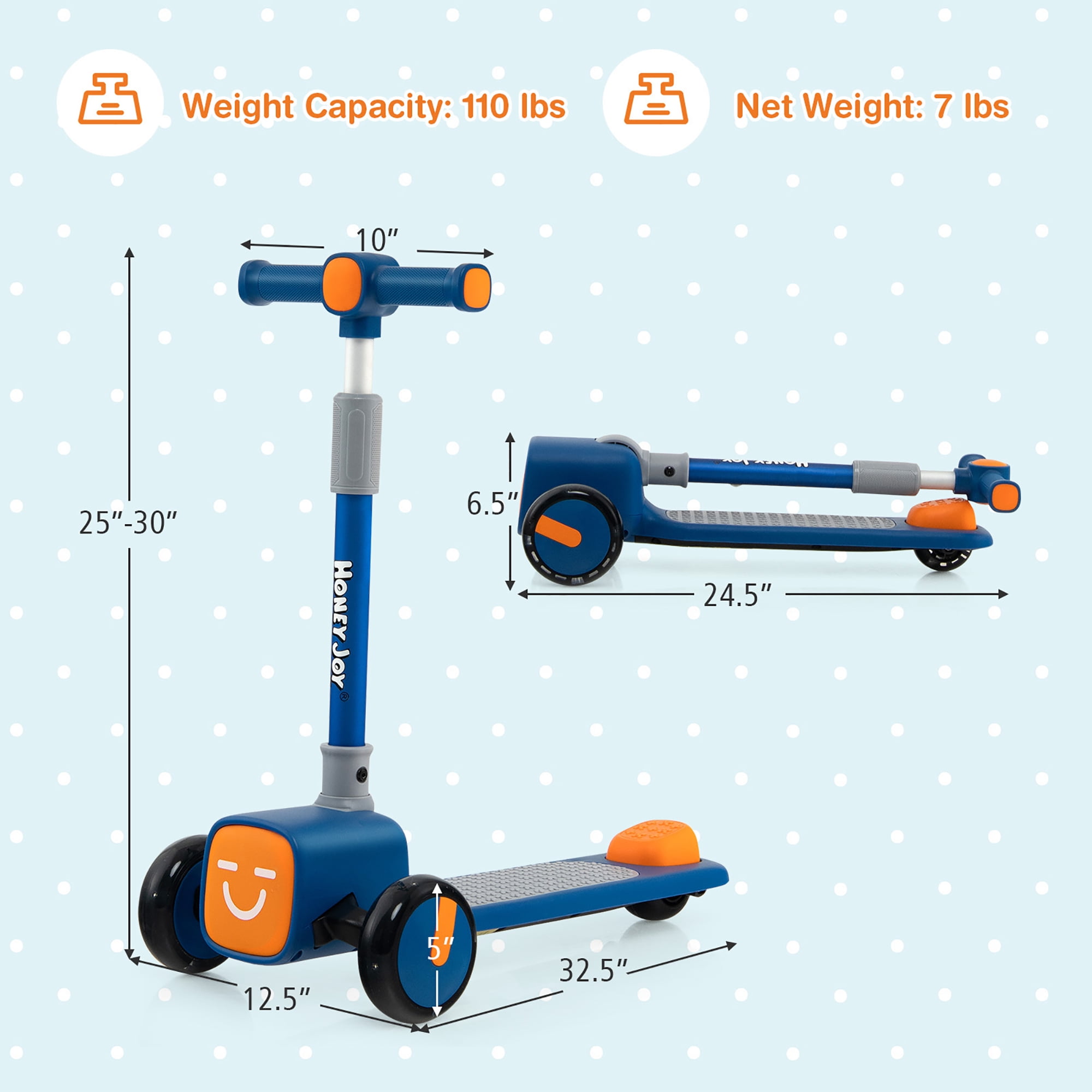 Honeyjoy Folding Kids Toy Scooter Adjustable 4 Emoji Covers W/ LED