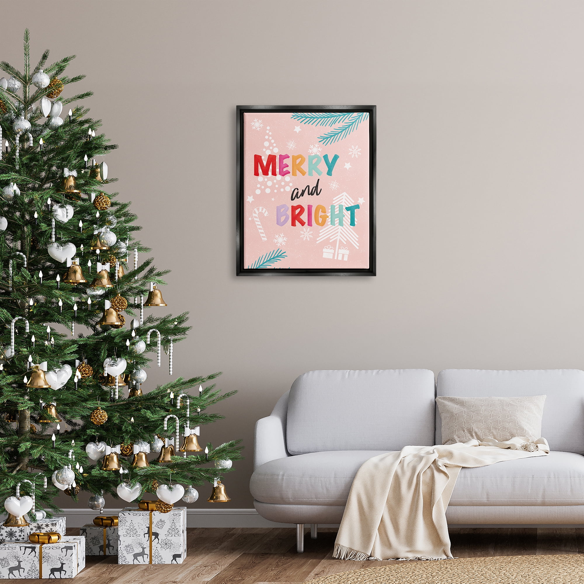 Stupell Industries Merry & Bright Pastel Phrase Holiday Painting Black Floater Framed Art Print Wall Art
