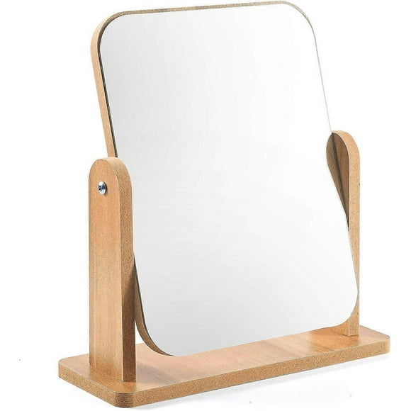 Vanity Mirror Wood Desk Makeup Mirror , 360 Swivel Desktop Square Mirror for Dressing Table Desk, Bathroom, Bedroom -Yx