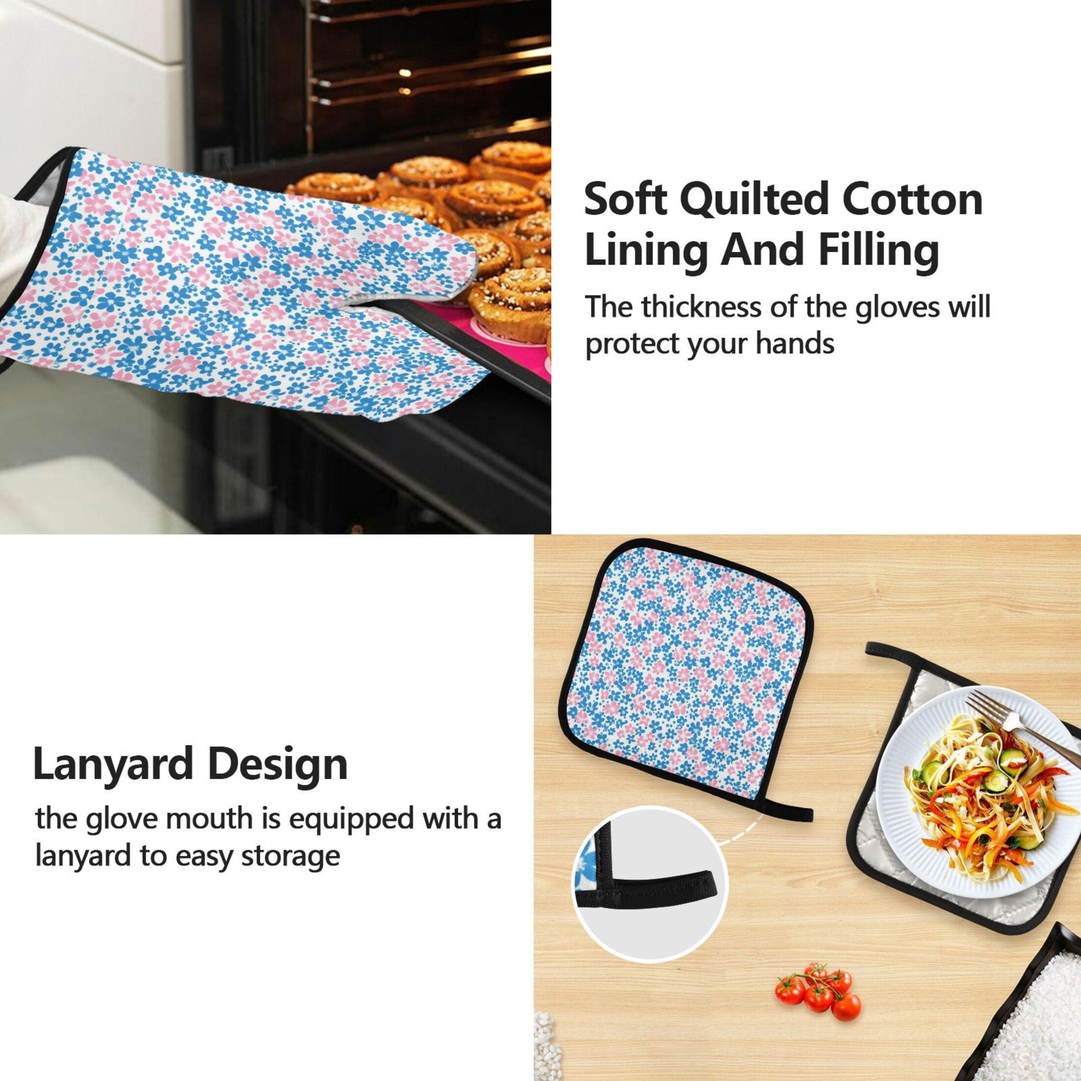 Blue and Pink Small Flowers 5 Pcs Kitchen Set Heat Resistant Oven Mitts and Non-Slip Pot Holders with Adjustable Cooking Apron