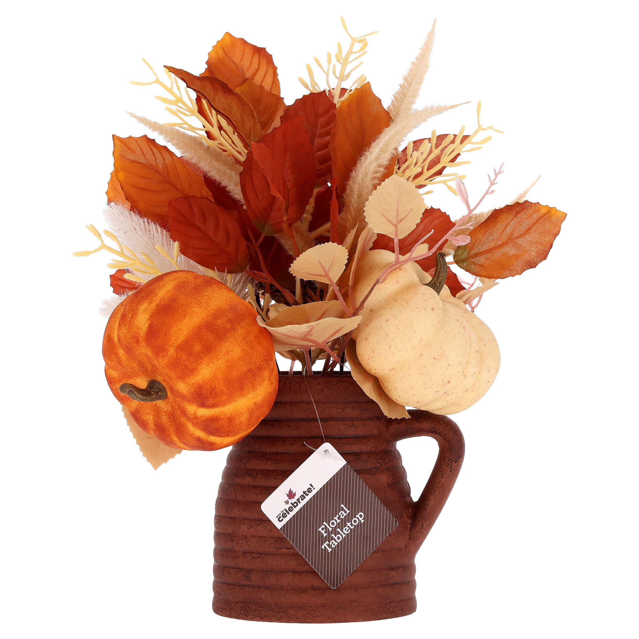 Pumpkins and Foliage Artificial Arrangement in Milk Jar, Multicolor, 13", Fall by Way To Celebrate