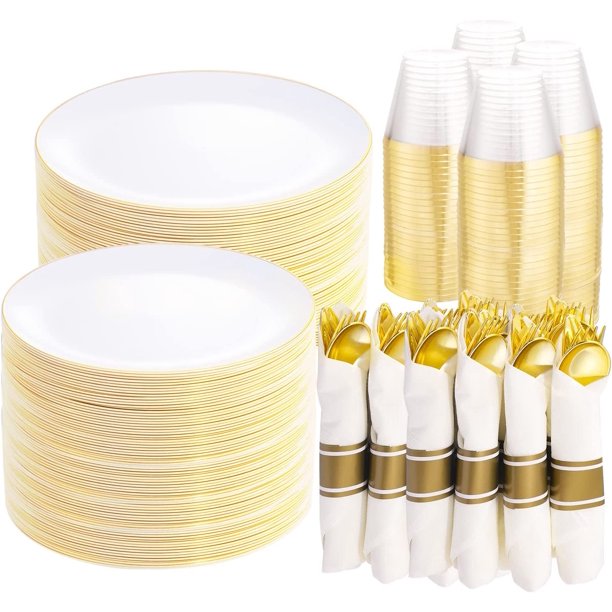 700 Picecs White Gold Plastic Plates, Rolled Napkins With Gold