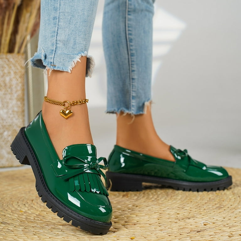 Rokment Fringe Oxfords Dress Shoes for Women Ladies 2026 Spring Fall Fashion Casual Leather Tassel Bow Low Heel Slip on Penny Loafer Ballet Flat Green
