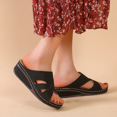 

BCMMKLPP Ladies Fashion Outer Wear Solid Color Large Size Wedge Heel Retro Hollow Sandals Black 40