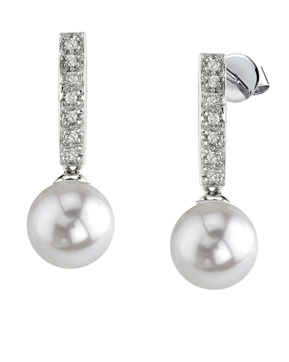 14K Gold White Akoya Cultured Pearl Dangling Diamond Earrings