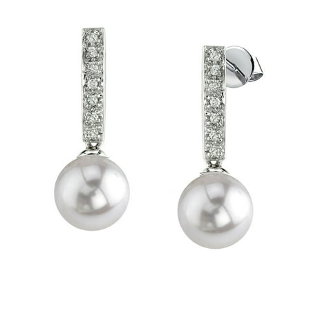 Diamond June Birthstone Earring - 14K Gold White Akoya Cultured Pearl Dangling Diamond Earrings