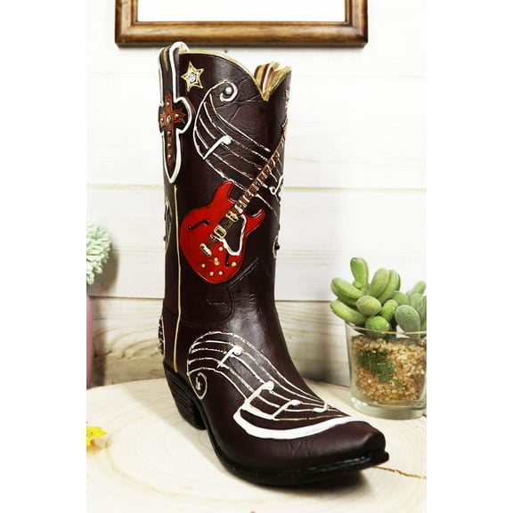 Faux Tooled Leather Cowboy Boot With Musical Notes And Guitar Vase Figurine