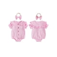 thumbnail image 2 of BemeyourBBs Newborn Baby Girl Summer Clothes Cotton Linen Outfit Cute Bubble Romper Short Sleeve Doll Collar Button Down Bodysuit and Headband Set, 2 of 9