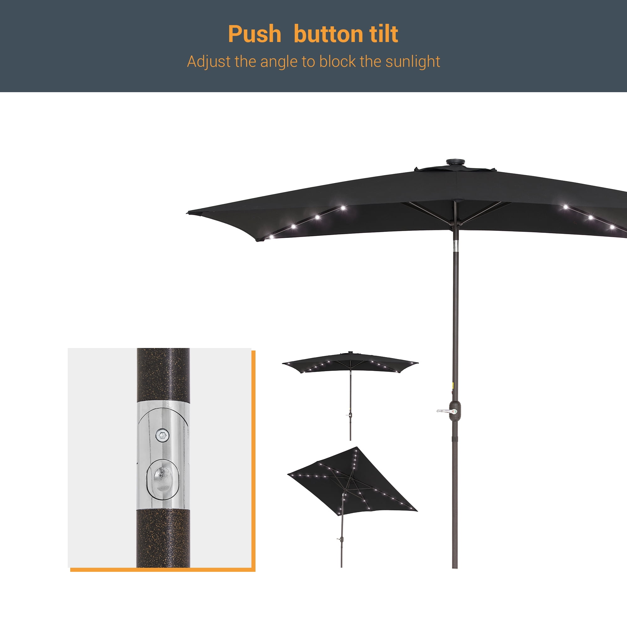 ACEGOSES 10x 6.5ft LED Solar Outdoor Patio Rectangle Table Umbrellas with Non-Fading Canopy for Garden and Yard,Black