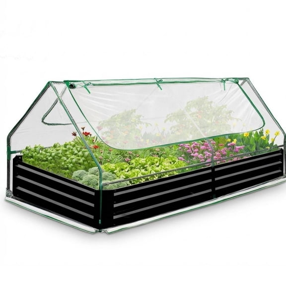 Raised Garden Bed with Cover, Galvanized Metal Planter Box with Dual Zippered Windows, Heavy-Duty Outdoor Grow Bed