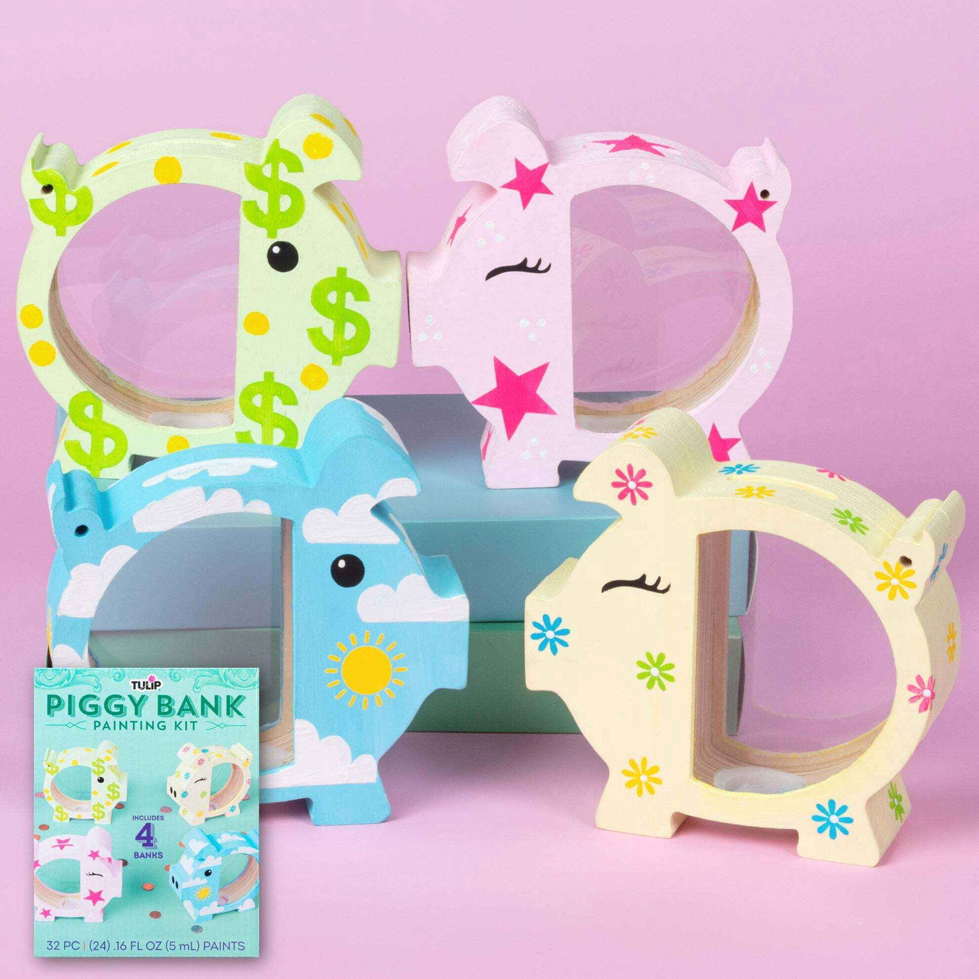 Tulip Paintable Wood Piggy Bank Paint Set, Craft Kit, 4 Piggy Banks, 4 Paint Brushes, 24 Paints