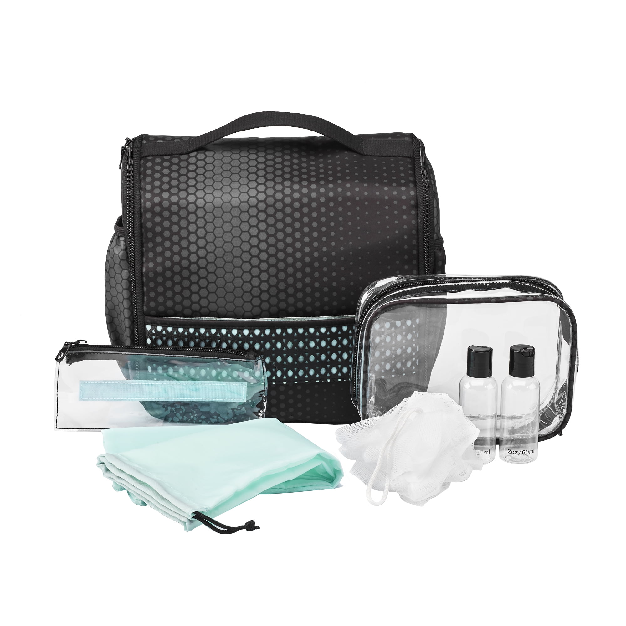 Modern Sport Hanging Toiletry Organizer with 2 Travel-Size Liquid Bottles,  Shower Loofah, Drawstring Bag, Removeable On-the-Go Case and Small Pouch in  Classic Tiffany Blue Laser Cut Black Design - Walmart.com