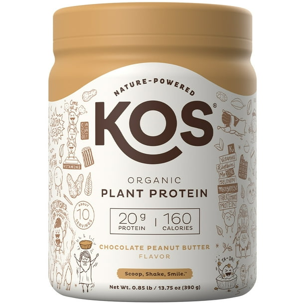 KOS Organic Plant Based Protein Powder, Chocolate Peanut Butter, 20g Protein, 10 Servings, 13