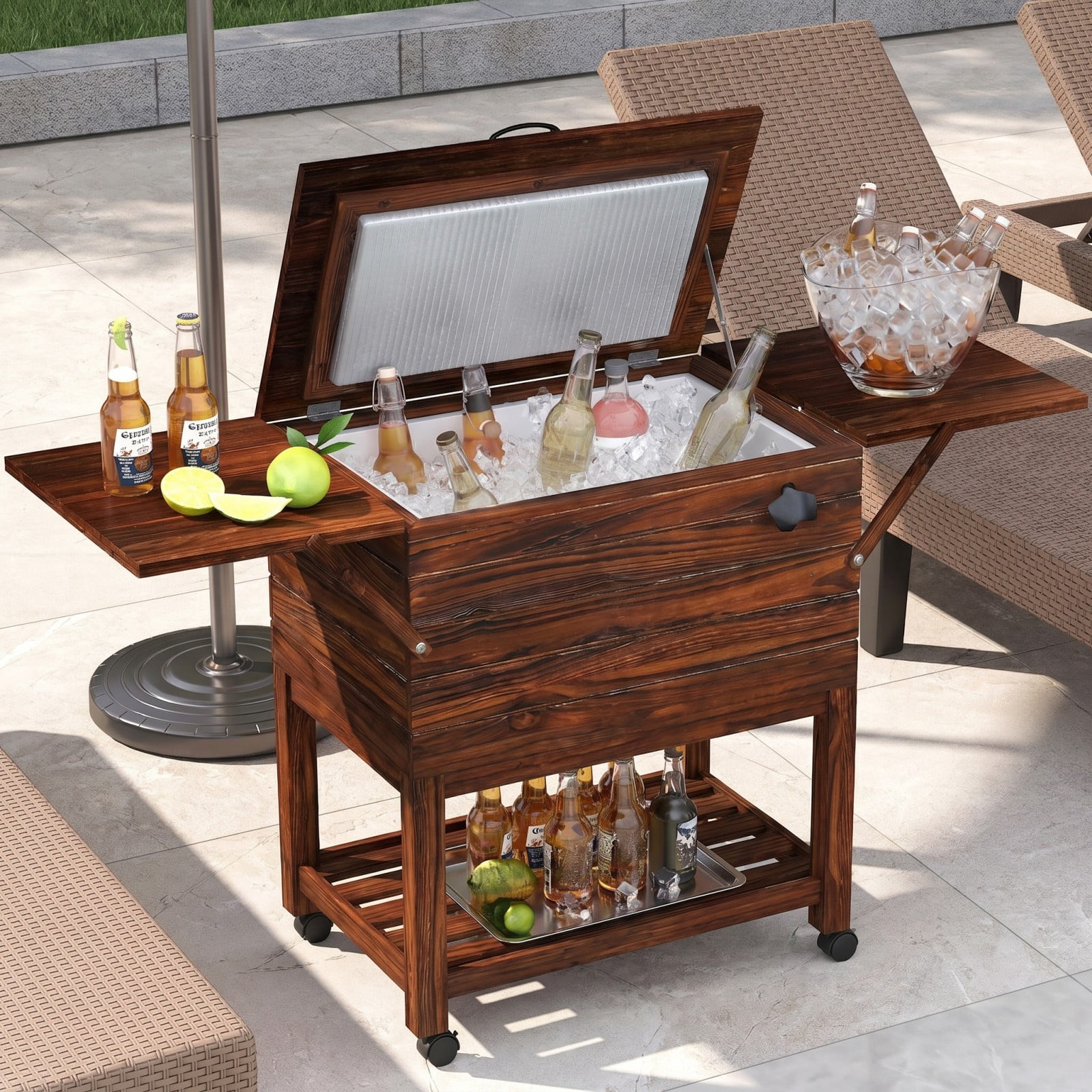 Biotree 54 Quart Wooden Cooler Cart for Patio with Shelves Rolling Ice Chest with Drain Plug Outdoor Cooler Cart, Brown