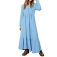 thumbnail image 5 of vigerkar Women's Linen Maxi Dress Long Sleeve Casual V-Neck Tiered Ruffle Dress Boho Beach Pleated Long Dress Light Blue, 4XL, 5 of 9