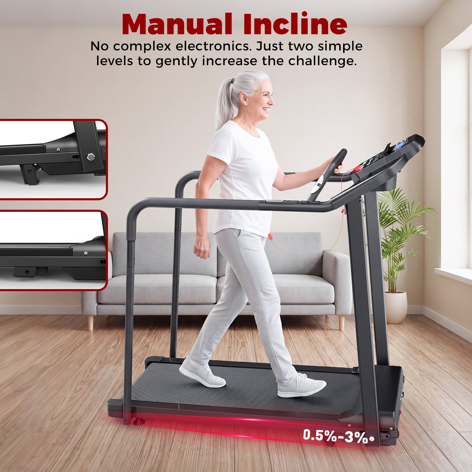 Mintazer Senior-Friendly Walking Treadmill with Safety Handrails, 2.5 HP Treadmill with Incline for Home Use, Black