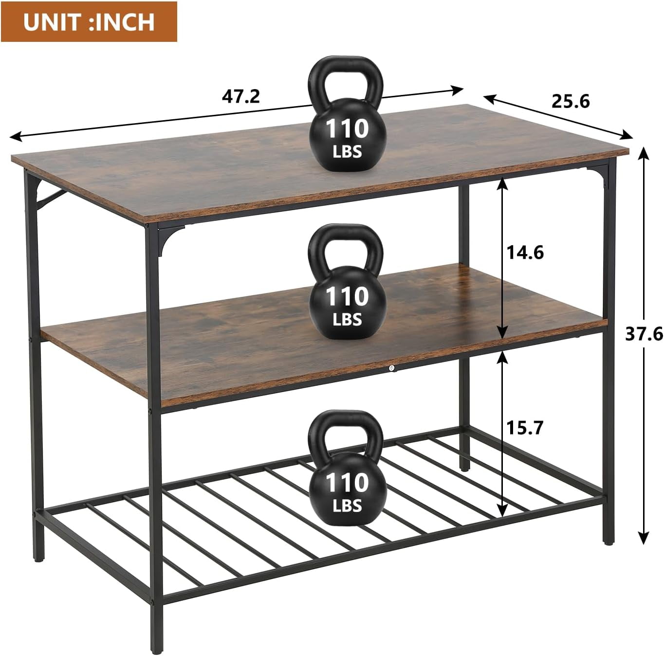 PayLessHere 3 Tier Kitchen Island with Top Solid Structure ,Brown, Dimensions: 47 in L x 25 in W x 37 in H