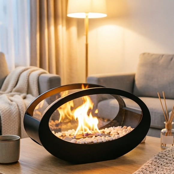 Tong Desktop Fireplace Elliptical Shaped Real Fire Fireplace Black Metal Stove Living Room Heating Fireplace