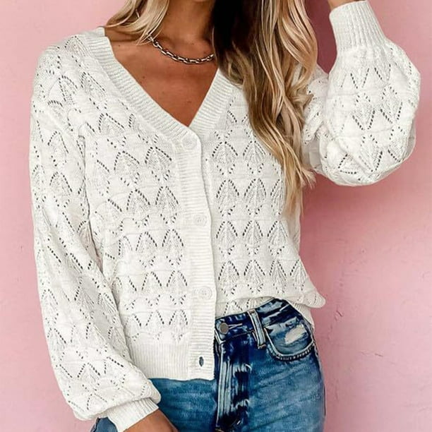 Suéter Cárdigan básico ahuecado con cuello en V para mujer, estilo informal, traje diario de un solo pecho Cgtredaw Blanco T M para Mujer