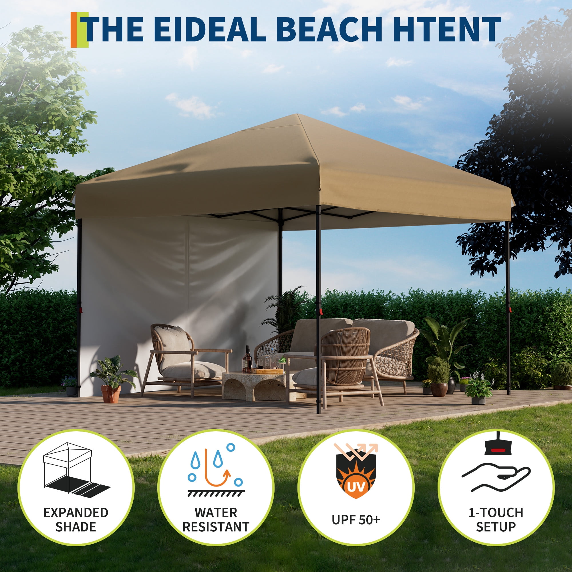 Heavy Duty Pop Up Canopy Tent 10x10 FT – Waterproof & UV-Resistant Outdoor Shelter – 1 Sidewall – Folding 210D Silver Coated Oxford – Easy Setup for Camping, Picnics, Beach, Events – Khaki
