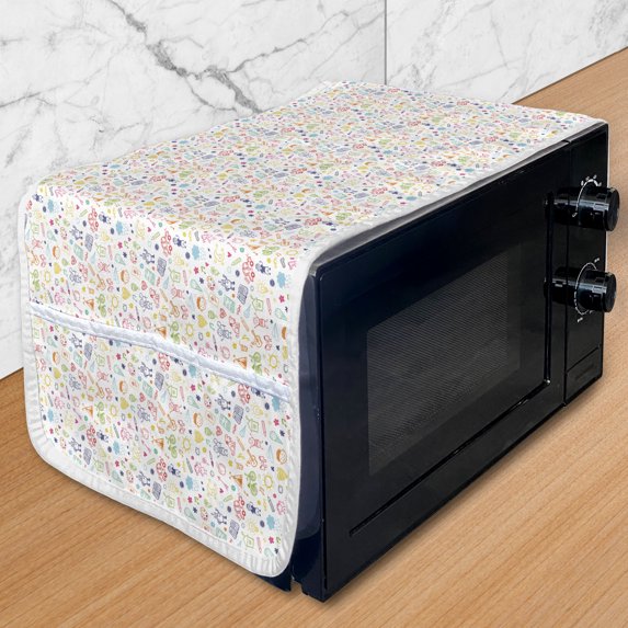 Cartoon Microwave Oven Cover, like Drawing of Sun Tent Various Other Friendly Things, Water Resistant Organizer with Pockets for Kitchen, 36" x 12", Multicolor, by Ambesonne