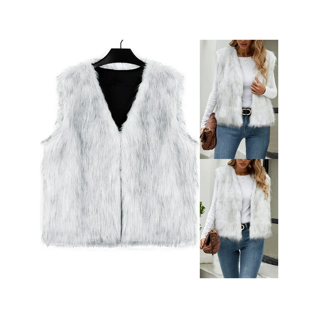 SUNSIOM Gilet en Fausse Fourrure pour Femmes, Sans Manches Ouvert devant Gilet Solide pour Rue Décontractée