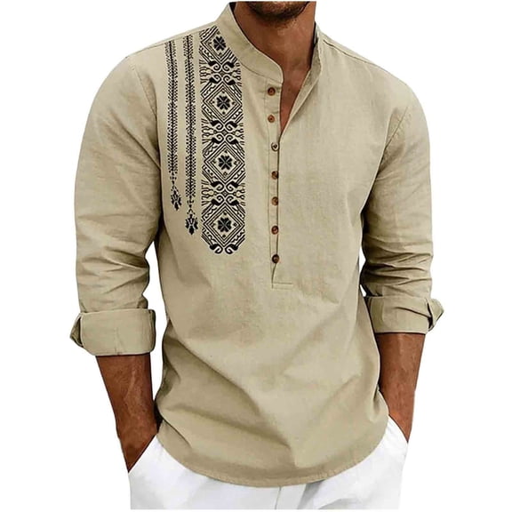Men's Long Sleeve Linen Shirts Ethnic Bohemian Printed Fashionable Casual Loose Shirt Button Stand Up Collar Henley Tops for Daily Wear