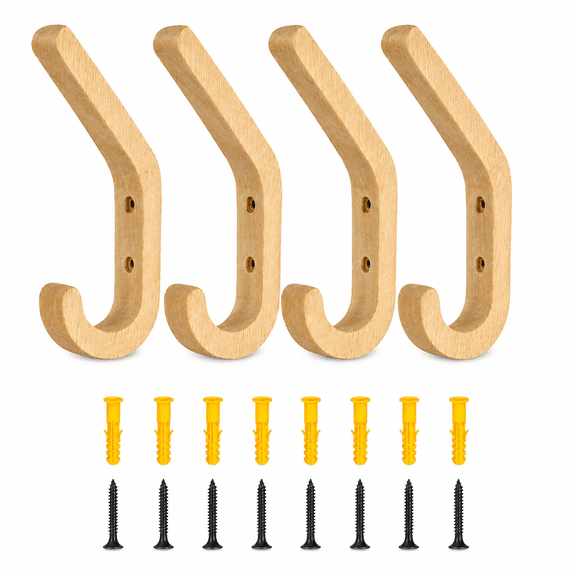 Coat Hooks, Heavy Duty Wall-Mounted Organizer for Coats, Keys, and More, 4 Pcs, Wood