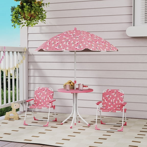 Qaba Kids Picnic Table with 2 Folding Chairs and Umbrella, Unicorn Theme Portable Children Outdoor Furniture for Backyard, Garden, Patio, Pink